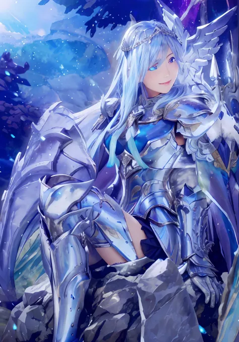 photorealistic image of a characters sitting on a rock, sliver ice color reflected armor, in opal armor, high detailed official ...