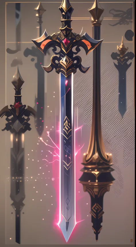 Excalibur，（（（The body of the sword is wrapped with red and blue particle effects：1.3））），Sharp sword body，（The sword body is symmetrically ornamented：1.3），The tip of the dangling sword is downward，（Excalibur's entire body is centered：1.3），Mid-range close-up...