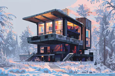 pixel art, building, 1 building, heavy snowy, ruin