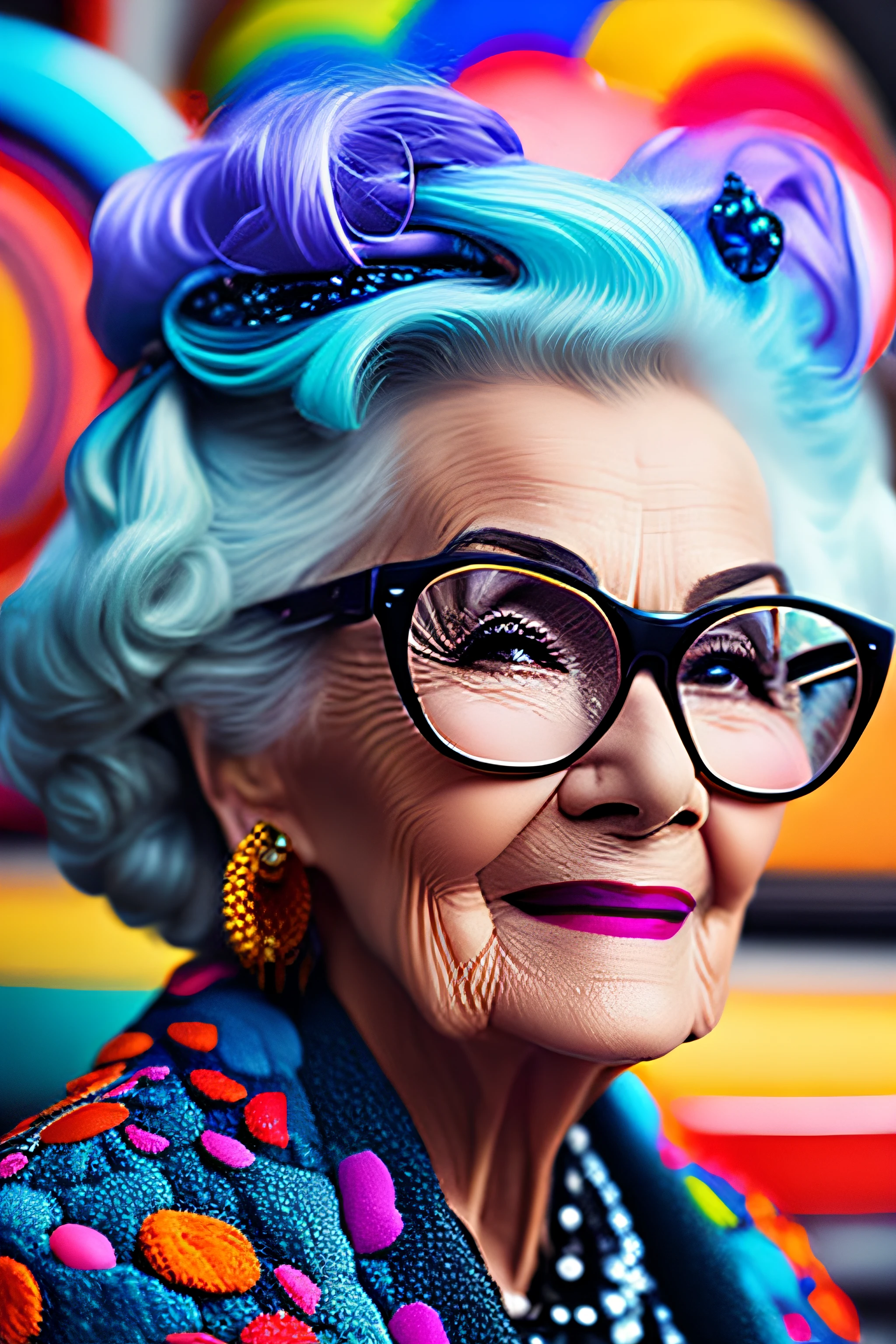 (fashionista portrait elderly woman, 1950s with intricate colorful modern bright colored glasses), c0lorful cute hair, smiling expression, (extremely detailed digital photography: 1.2), standing in the middle of the city, ((((full body)))), raw image,, Hasselblad, 50asa, f8, 12mm, glow effects, godrays, hand drawn, render, 8k, octane render, cinema 4d, blender, dark, atmospheric 4k ultra detailed,  sensual cinematic, sharp focus, humorous illustration, great depth of field, masterpiece, colors, 3d octane rendering, 4k, concept art, trend in artstation, hyperrealistic, vivid colors, rim light, extremely detailed CG 8k wallpaper unit, trend in ArtStation, trend in CGSociety, Pop Art style by Yayoi Kusama, Intricate, High Detail, dramatic
, pure energy, light particles, sci-fi