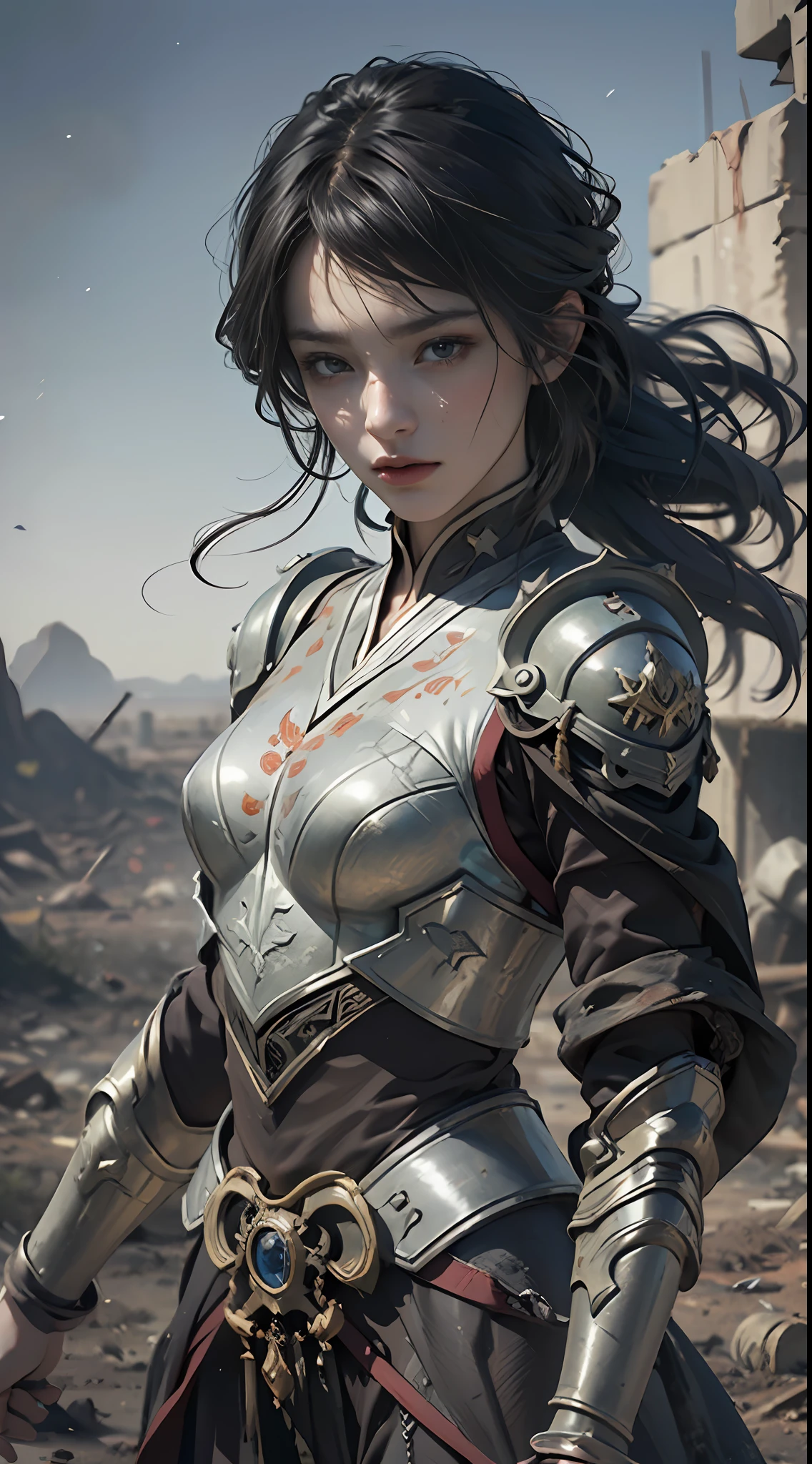 8k wallpaper，ultra - detailed，rich details​，ultraclear，8K,，Best quality at best，best qualtiy，mistic，1 female warrior，Black armor，Ancient Chinese general armor，（（（Sword in hand））），facing to audience，(((A withered battlefield，ruins，run-down,Wasteland，barren，A desert)))，Sadness outside，battlefiled，ancient battle field，，（（the night，Dimly lit，Dark 1.3）），Whole body diagram