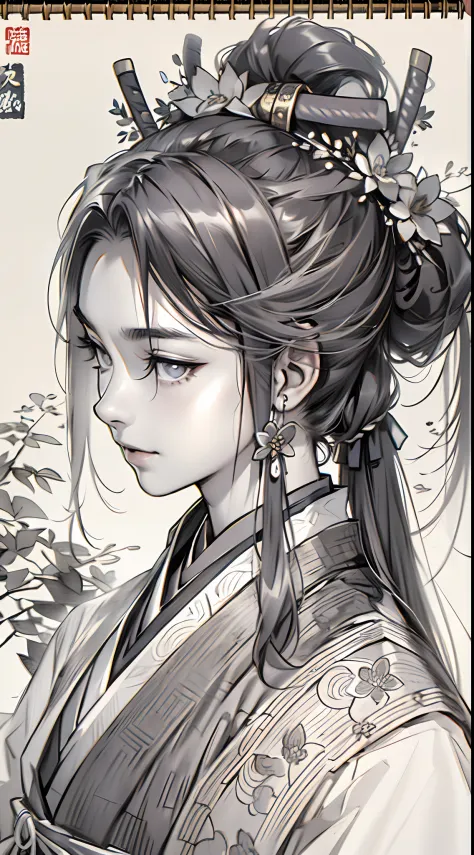 sketching，pencil drawing，Ponytail girl，There are small broken flowers on the head，Chinese ancient style，Samurai clothes，Black an...