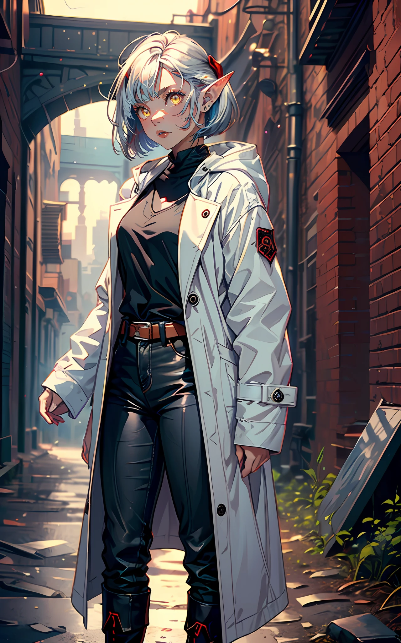 (1girl, solo, portrait: 1.5), (realistic face: 1.3), award-winning photography, girl (elf ears, young, cute face: 1.1), thin, fragile, straight hair, disheveled hair, (white coat with red accents, assasin coat, ), adventurer's clothes, glowing eyes, (gray hair: 1.2), (bob's haircut), (yellow eyes), (using dark magic: 1.2), posing in the dark ruins of the city, (rim lighting, :1.4) Two-color lighting, sharp focus, octane rating, unreal, dimly lit, discreet,