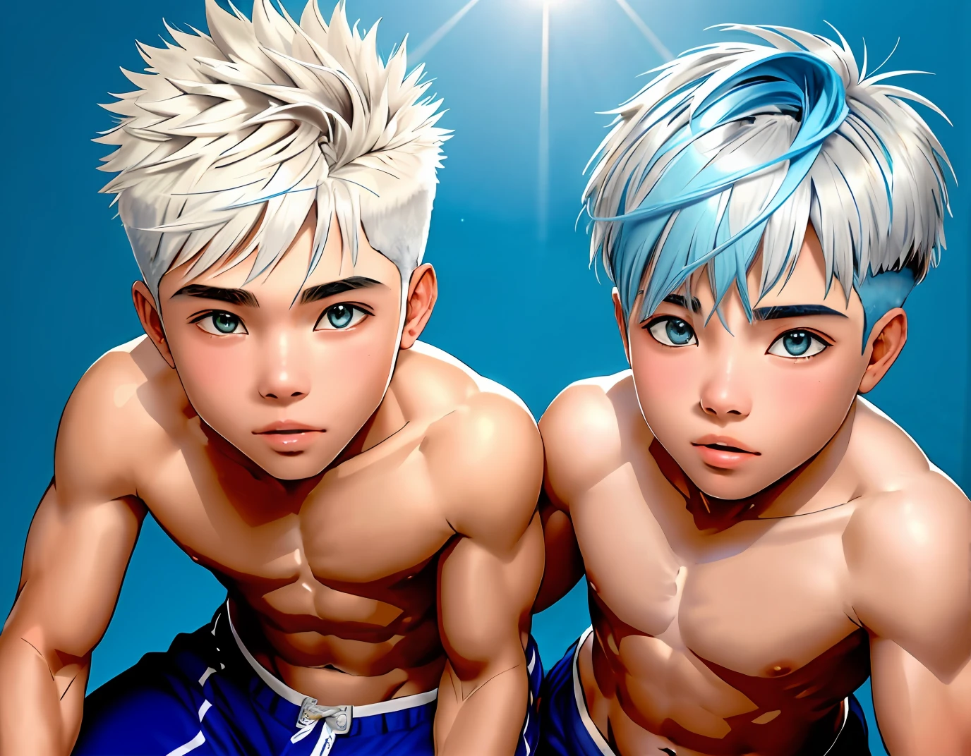 Dos lindos hermanos de 14 y 15 años, 14 y 15 años de cabello plateado. discuten en medio del desierto usan toples boxers color azul. estan sin camisa, cabello lacio corto