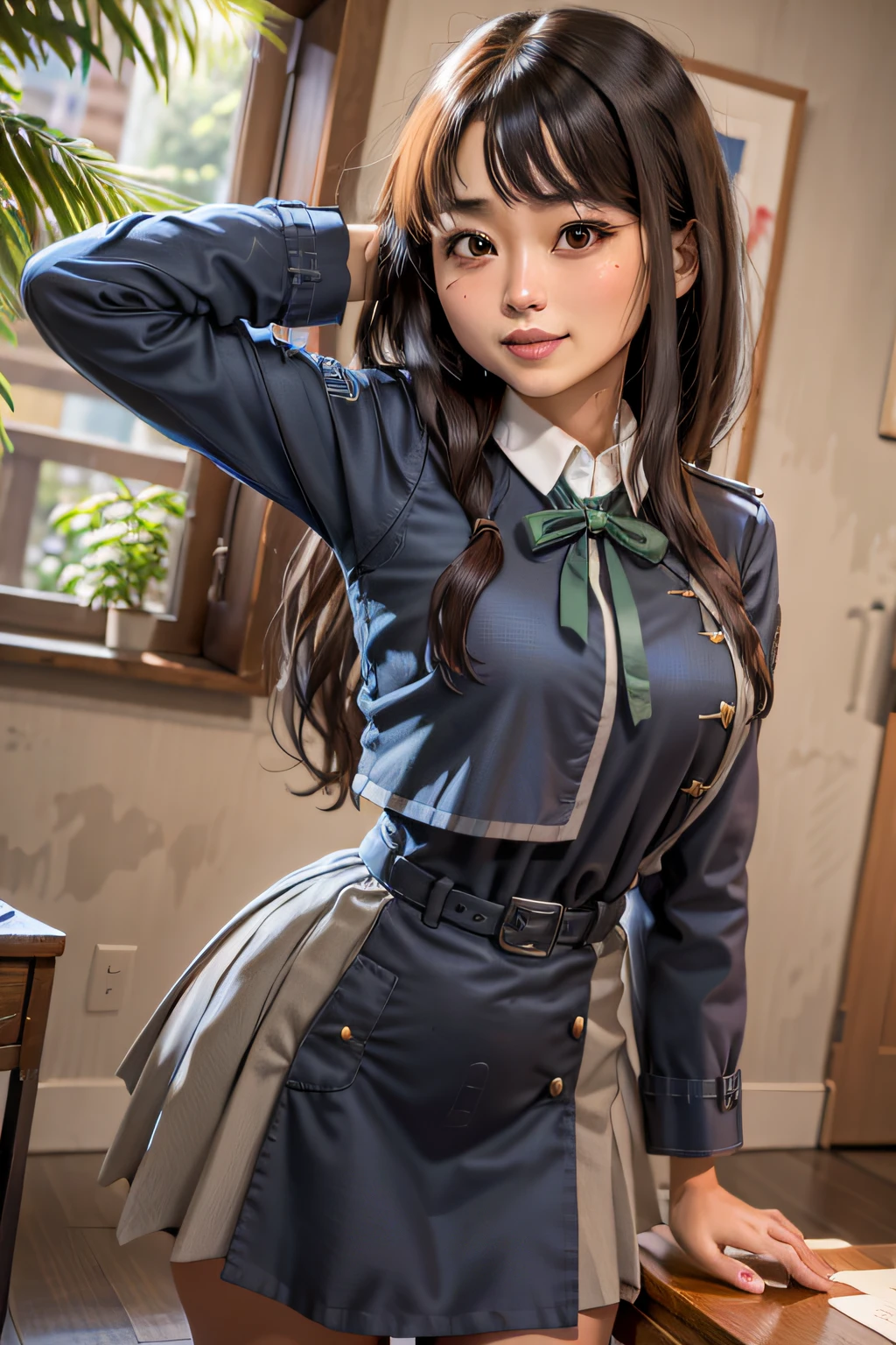 Takina inoue, ​masterpiece, top-quality, 1 girl, 独奏, hair long black, white  shirt, black pleated skirt, breast out, red blush, full of shyness, pose sexy, a smirk, in a house, class room, a chair, desk work, window, sitting down;, middlebreasts, neckleace