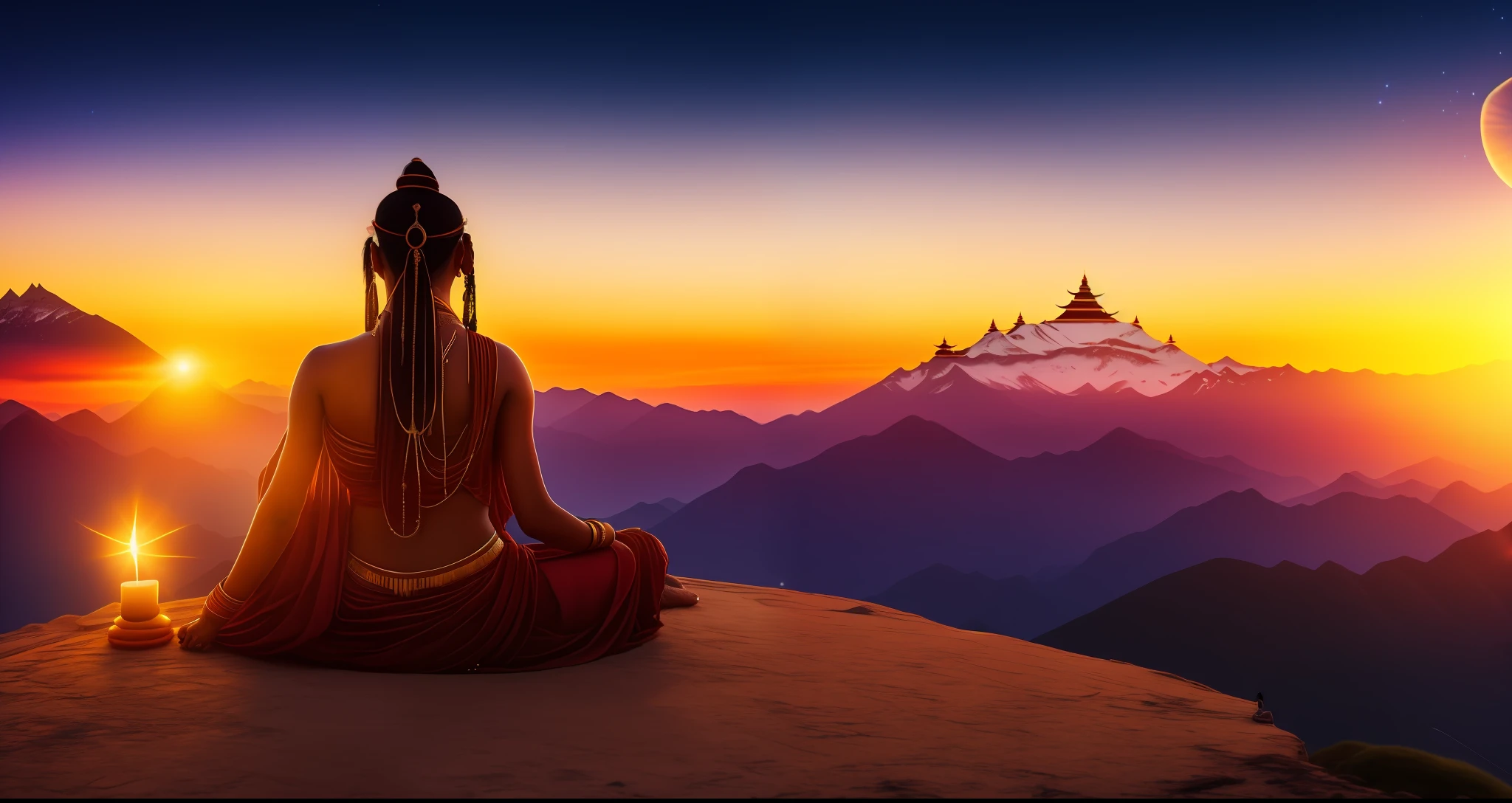 Jovem sacerdotisa tântrica em tanga com tatuagens e percings olhando para o horizonte em uma montanha no Tibete ao pôr do sol com estrelas Foto ultra-realista --auto