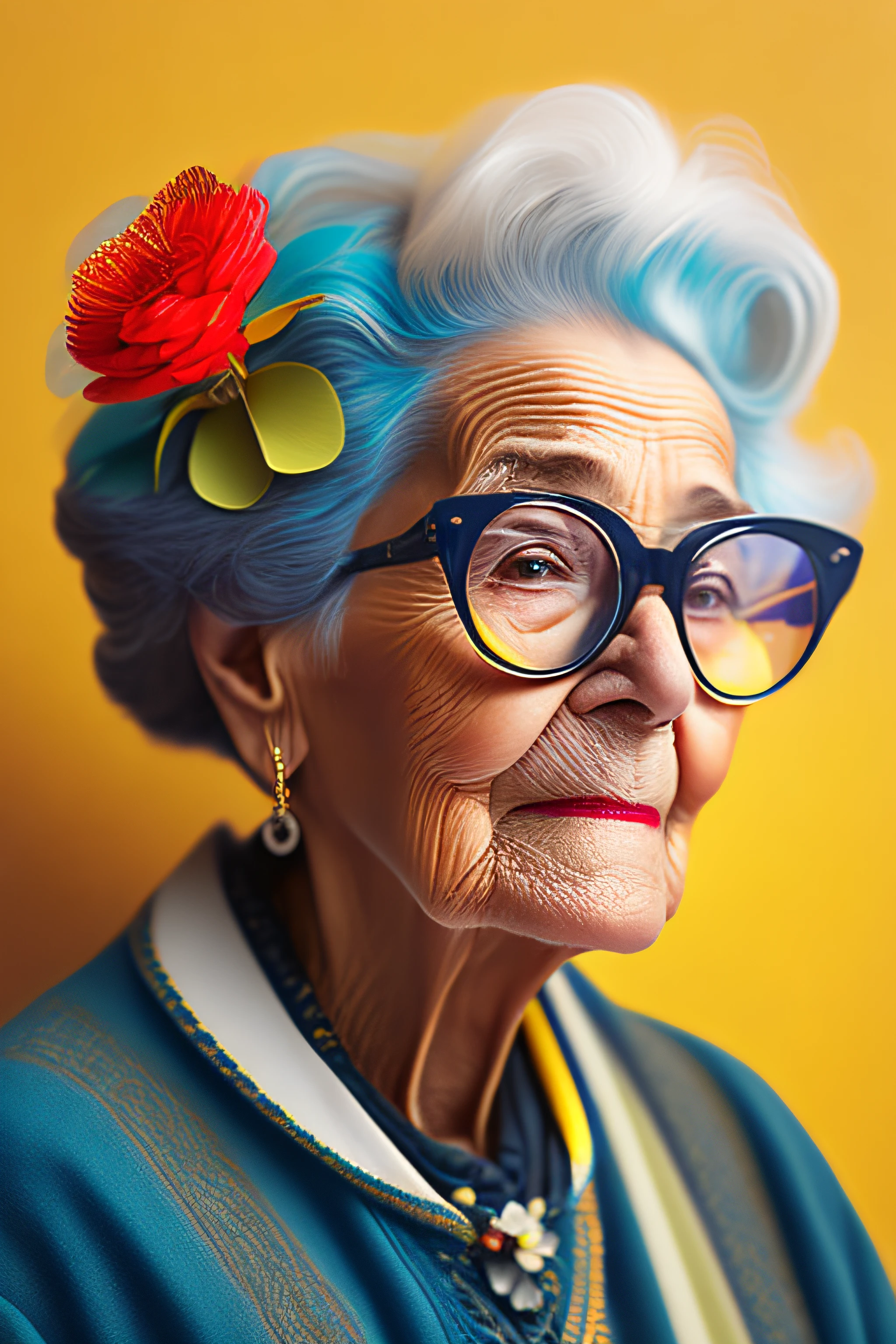 An older woman with blue hair and glasses wearing a flower in her hair -  SeaArt AI