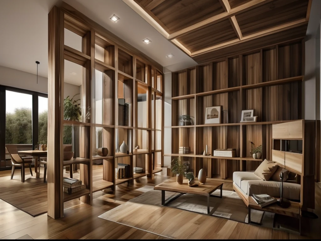 Schöner Raumteiler aus Holz, aus hellem Industriegewebe