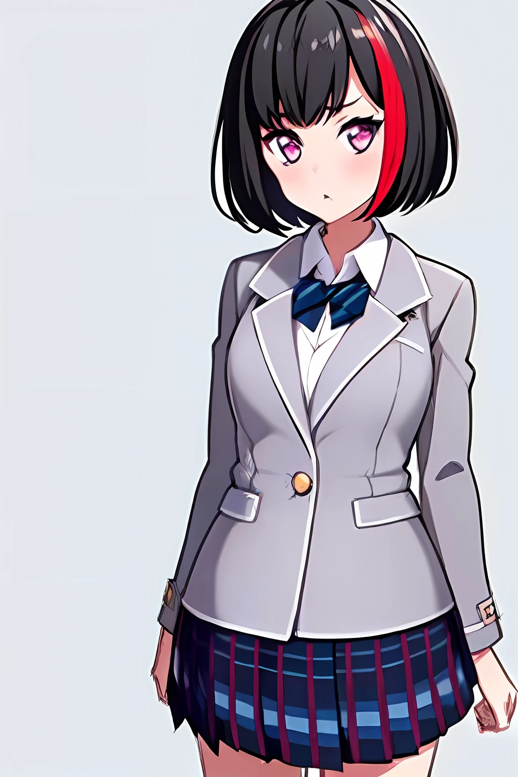 ((Masterpiece, Best quality)),Very detailed, Simple eyes,1girll,full bodyesbian,standing,Medium breasts, class room, Bangs blue_Skirt, Bob_cut, collared_shirt, Grey_Jacket, haneoka_school_uniform, Jacket, Long_Sleeves, Looking_at_peeping at the viewer, Mitake_ran, black_Hair, Multicolored_Hair, tiese,tartan, tartan_Skirt, pleated_Skirt,school_uniform, shirt, short_Hair, Skirt, Solo, streaked_Hair, streaked, White_shirt