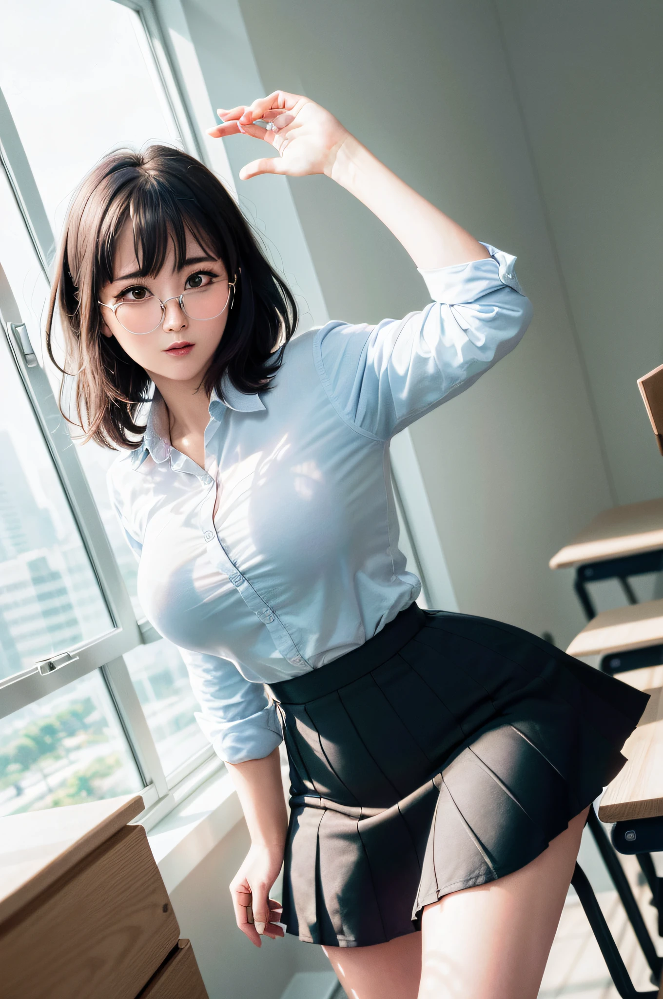 25 years old woman(glasses eyes), milf, ((at classroom)), ((school uniform)), RAW photo, (photorealistic:1.37, realistic), highly detailed CG unified 8K wallpapers, 1girl, ((perfect body:1.1)), (medium breasts:1.2) , looking at viewer, (((straight from front))), (HQ skin:1.2, shiny skin), 8k uhd, dslr, soft lighting, high quality, film grain, Fujifilm XT3, ((full body:0.8)), (professional lighting:1.4) ,