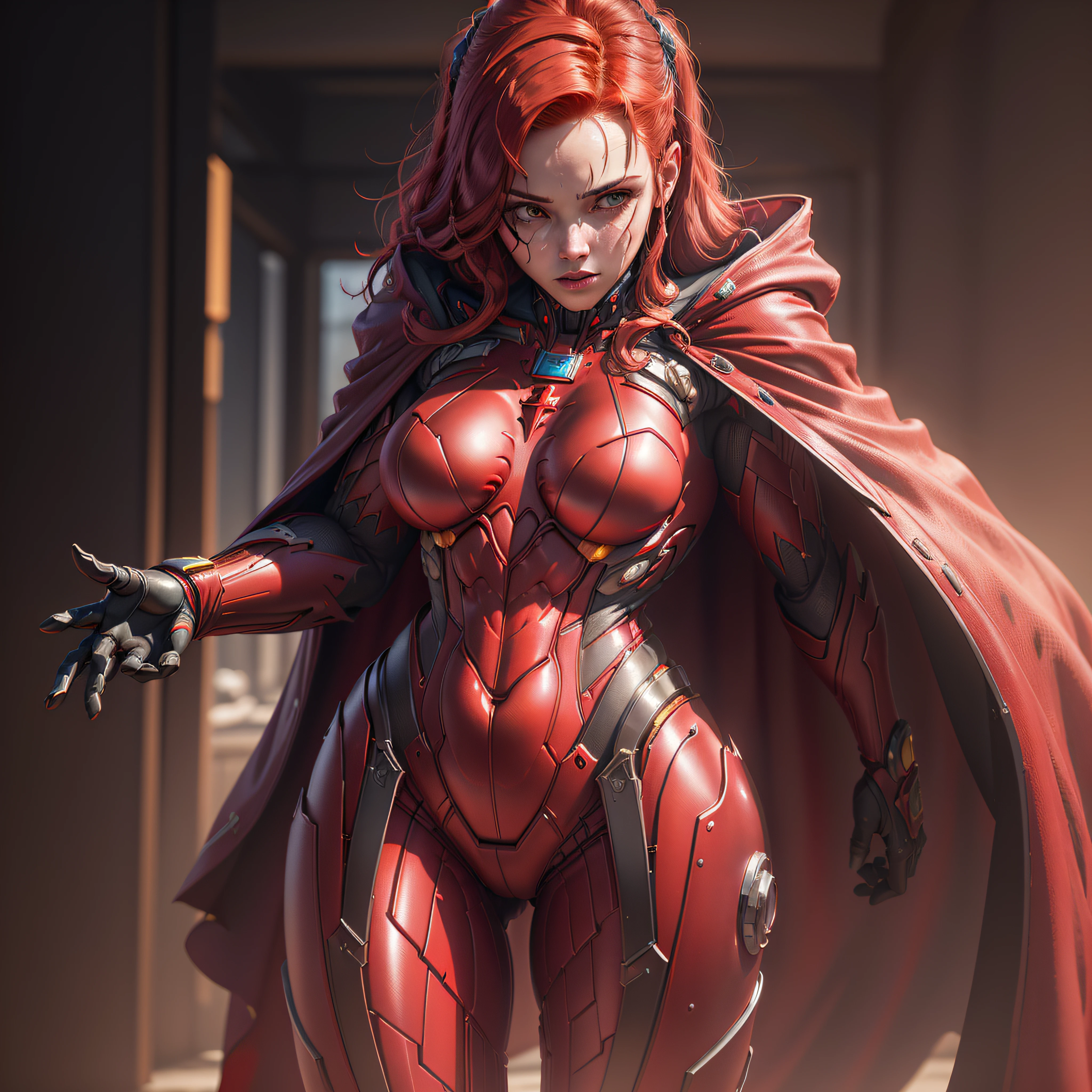 ((Best quality)), ((masterpiece)), (detailed:1.4), 3D, an image of a beautiful Red cyberpunk Scarlet Witch, (((Red hair)))HDR (High Dynamic Range),Ray Tracing,NVIDIA RTX,Super-Resolution,Unreal 5,Subsurface scattering,PBR Texturing,Post-processing,Anisotropic Filtering,Depth-of-field,Maximum clarity and sharpness,Multi-layered textures,Albedo and Specular maps,Surface shading,Accurate simulation of light-material interaction,Perfect proportions,Octane Render,Two-tone lighting,Wide aperture,Low ISO,White balance,Rule of thirds,8K RAW, (((Red crysisnanosuit))) with (((red cape)))