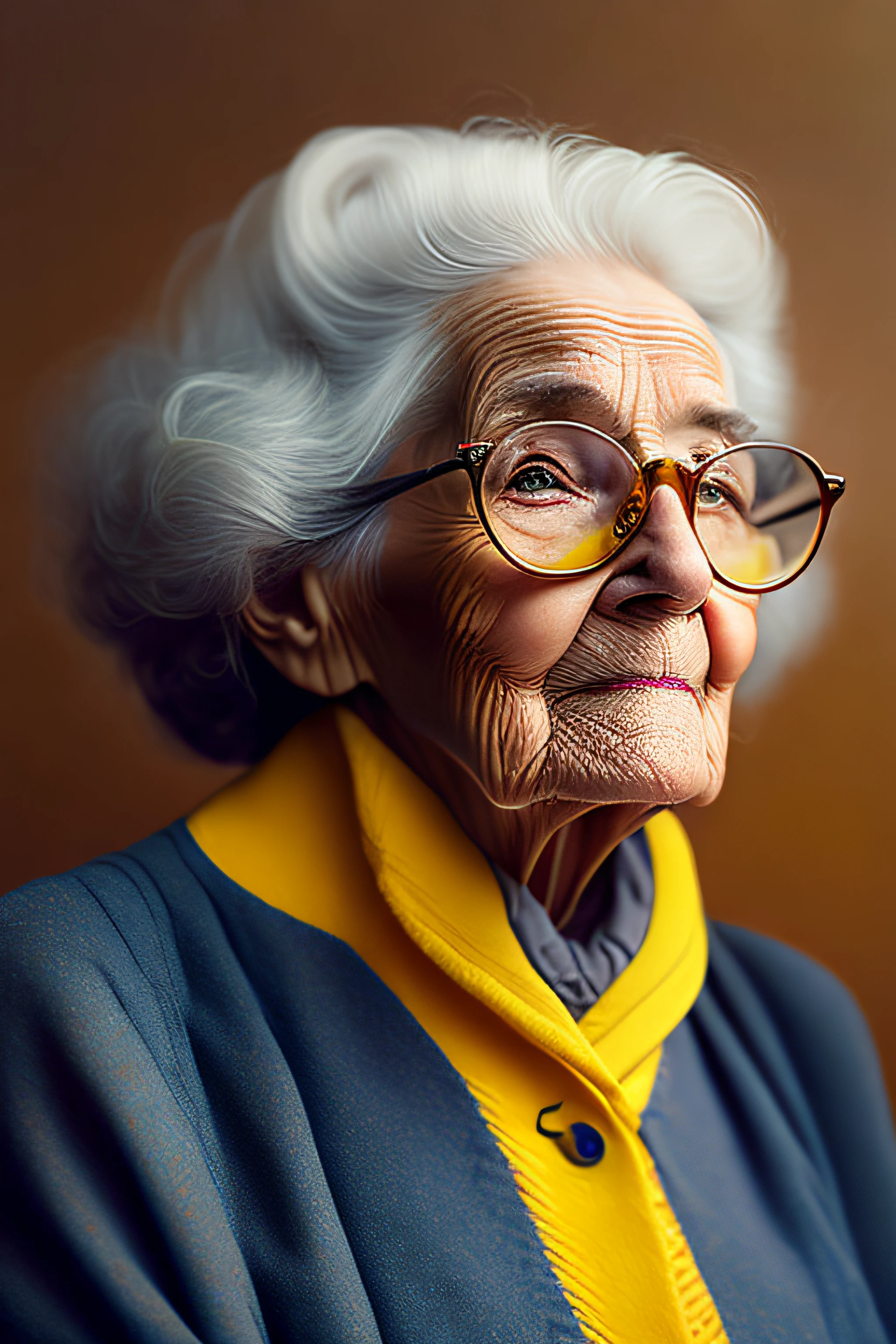 Portrait of an old woman with glasses and a yellow sweater - SeaArt AI