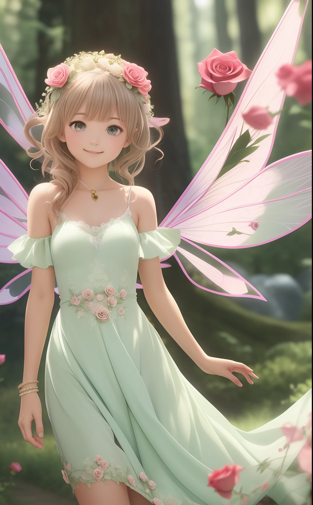 Photo of a gorgeous 20-year-old Finnish fairy wearing (Rose Decoration Dresses:1.2) And (Delicate fairy wings:1.2), Grinning, (looking in camera:1.1), (Sateen:1.1), on forest path:, Proudly standing next to his portate, by Studio Ghibli, masutepiece, Barefoot, (Natural lighting:0.8), 8K, ((Realistic)), F/1.1, , Forest with keen eyes、covering the navel、hiding breast(face perfect:1.1)with an intricate(high detal:1.1)Body、(Curvaceous)femele(flawless skin:1.11)And(teats:1. 0.5)、A smile、full body Esbian、Beautiful standing figure、