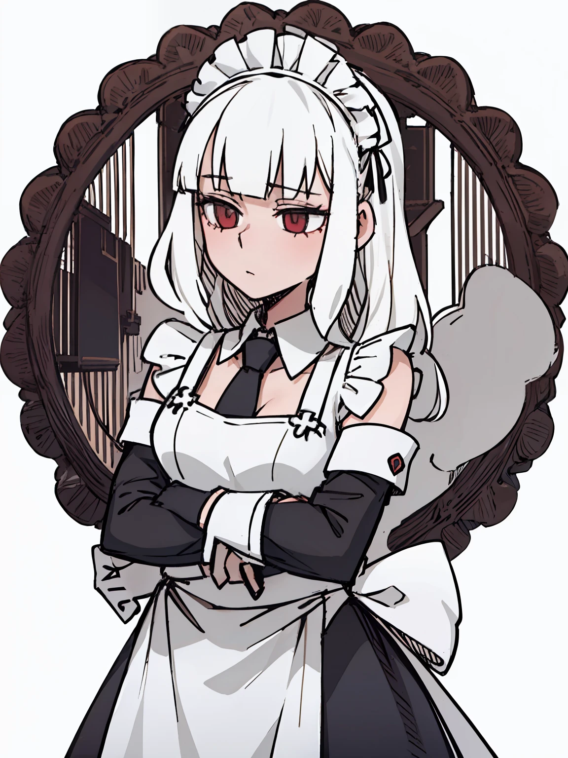 Ein Mädchen frontal,CRIT,(,(Ein halber Körper),(Langes lockiges Haar in weißer Farbe),(das Dienstmädchen-Outfit)),jung, weißer Hintergrund