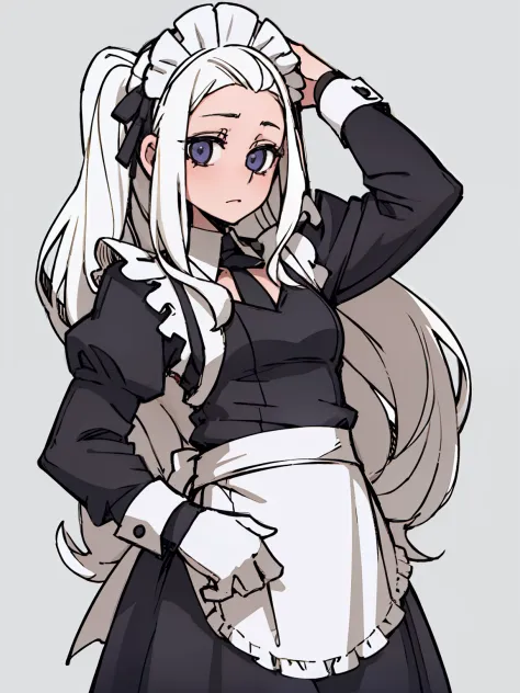 A girl frontal,CRIT,(,(A half body),(Long curly white hair),(the maid outfit)),Young, White background