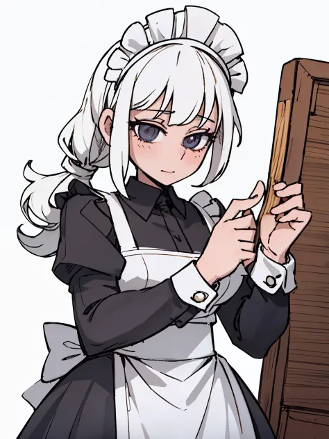 A girl frontal,CRIT,(,(A half body),(Long curly white hair),(the maid outfit)),Young, White background
