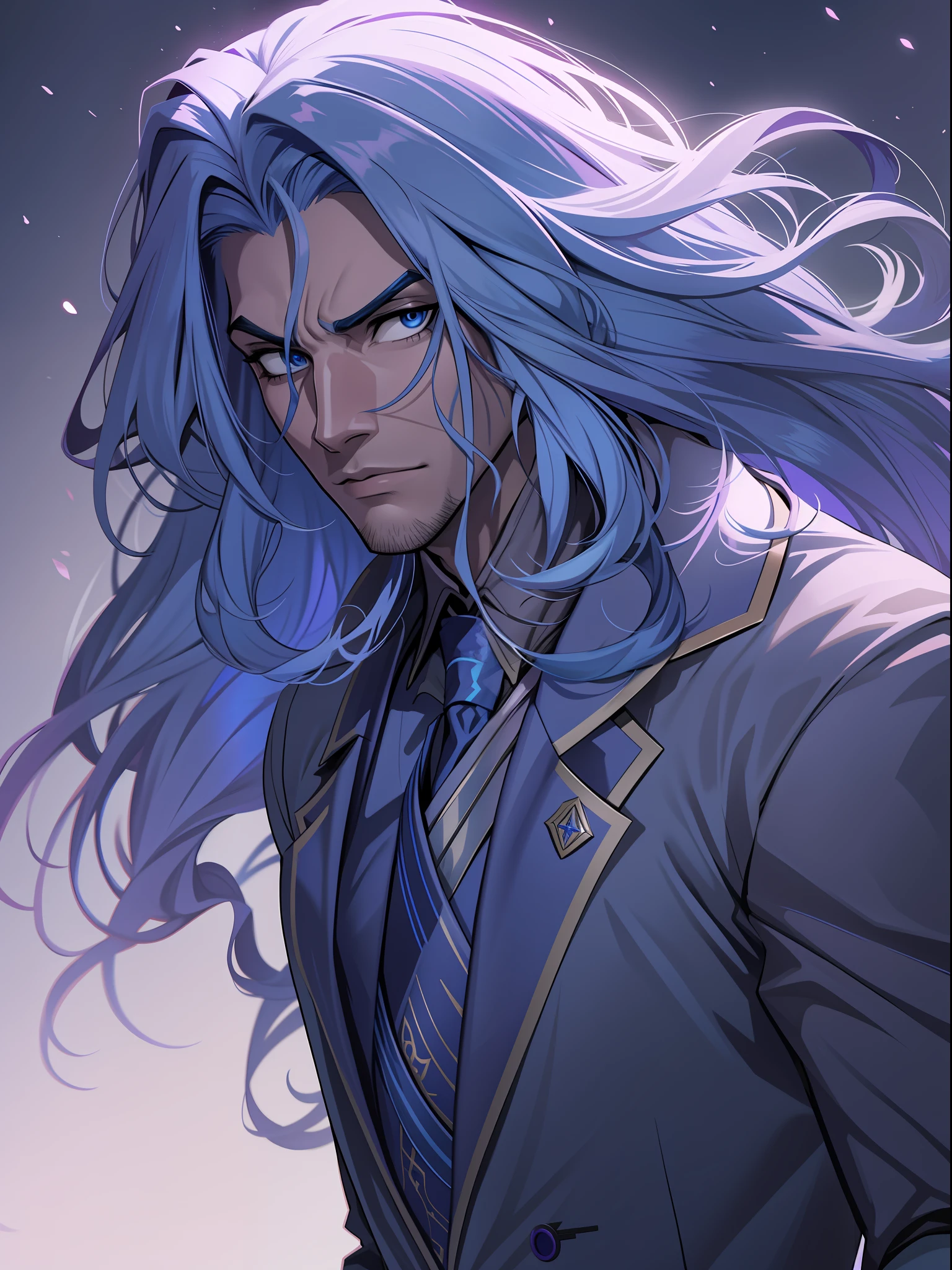 d&d, A handsome villain with long blue hair wearing a purple suit, expression serious, intensidade de close-up, master part, best quality, ultra-detalhado, Beautiful cinematic lighting, detalhes intrincados, Olhando para o Viewer, Profundidade de campo-AR 2:3-s 200