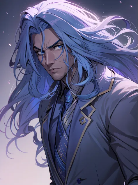 d&d, A handsome villain with long blue hair wearing a purple suit, expression serious, intensidade de close-up, master part, bes...