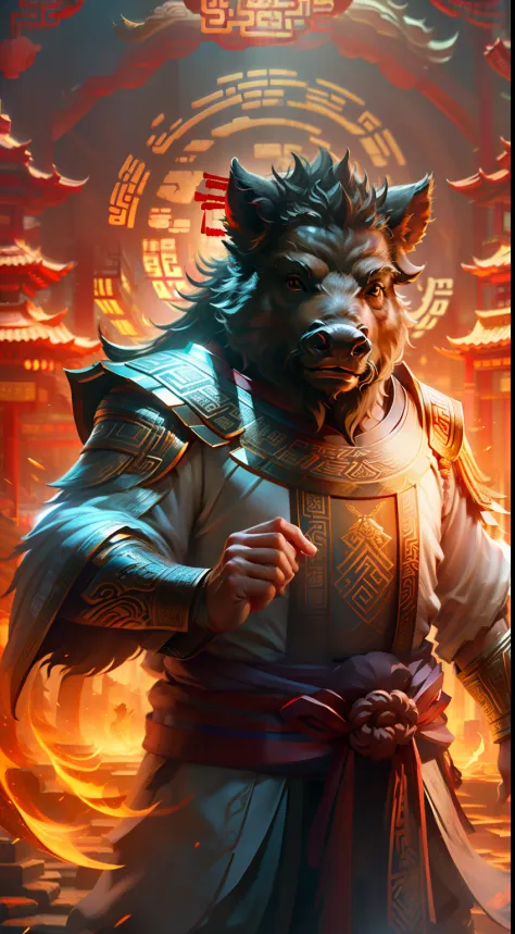(Wild boar, an ancient Chinese god+Chinese mythology+Full of life), Ultra-realistic 3D rendering, (masterpiece+best quality+high-detail), Marvel at the posture，A true representation of the award-winning level of photography+Reproduction of the best visual ...