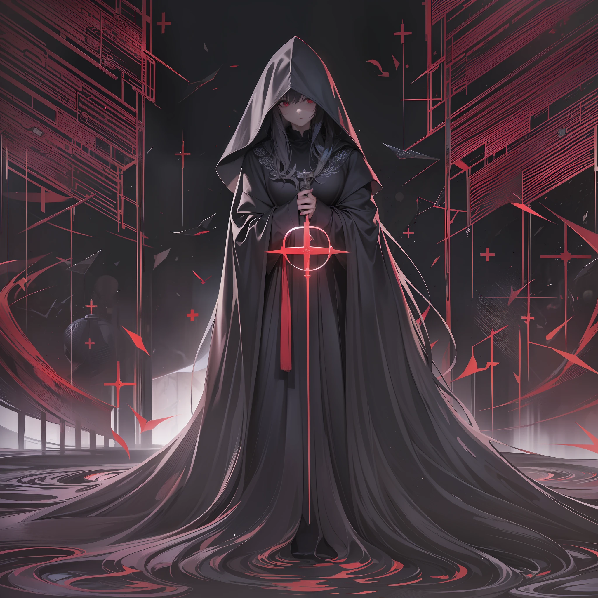 (tmasterpiece, best qualtiy, hyper-high detail, style of anime，HDR，8K，anime wallpaper，a sense of atmosphere，4K，absurderes，mistic，darkly，religion)(A girl with long black hair，Wearing a black hooded cape，With a red cross cult logo，Holding a black eerie dagger), （Simple geometric religious pattern decoration), (Huge black space as background)