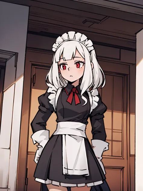 A girl frontal,CRIT,(,(A half body),(Long curly white hair),(the maid outfit)),Young, White background