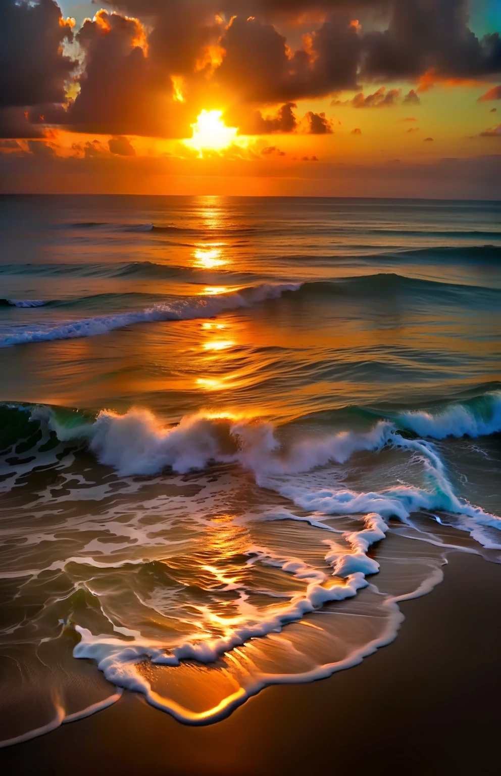 sunset over the ocean with waves crashing on the beach, beautiful waves in sea, beautiful ocean, sea waves, beautiful sunrise, beautiful sea landscapes, sunset at the beach, stunning waves, ocean waves, sunset on the beach, beach sunset background, golden sunset, beautiful sunset, soaring waves, calm waves, rippling oceanic waves, foamy waves