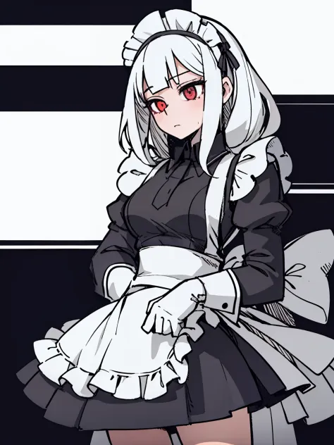 a girl frontal,crit,(,(a half body),(long curly white hair),(the maid outfit)),young, white background