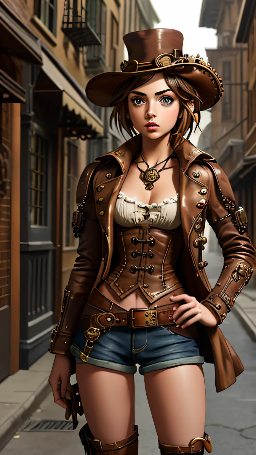 Die süße Steampunkerin Ana De Armas trägt ein stylisches Steampunk-Outfit in einer Steampunk-Straße, filmisch