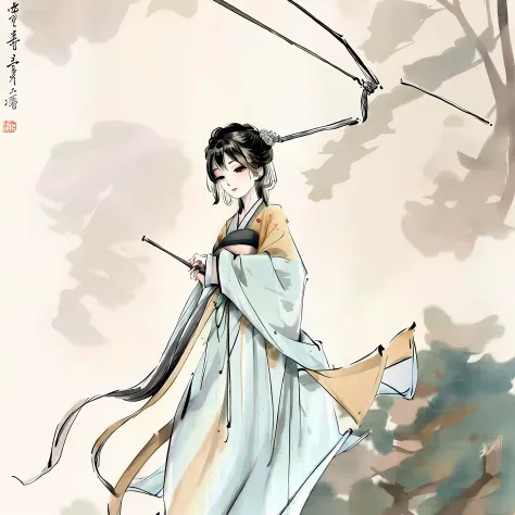 there is a woman walking down the street with an umbrella, serene illustration, Chinese watercolor style, A beautiful artwork illustration，Inscribed：Luyuan Drama Society，Upper right ancient style brush writing：Luyuan Drama Society