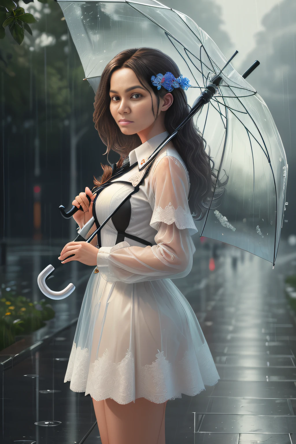 (obra de arte:1.2), (melhor_qualidade:1.2), (ultra_detalhado:1.3), 8K, extremamente_claro, Realismo, (ultrarealistic:1.3), Uma linda garota segurando um guarda-chuva transparente na chuva