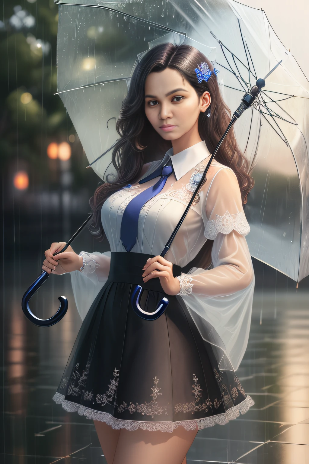 (obra de arte:1.2), (melhor_qualidade:1.2), (ultra_detalhado:1.3), 8K, extremamente_claro, Realismo, (ultrarealistic:1.3), Uma linda garota segurando um guarda-chuva transparente na chuva