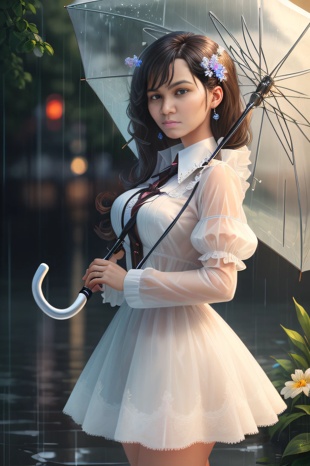 (masterpiece:1.2), (best_quality:1.2), (ultra_detailed:1.3), 8k, extremely_clear, realism, (ultrarealistic:1.3), A beautiful girl holding a transparent umbrella in the rain