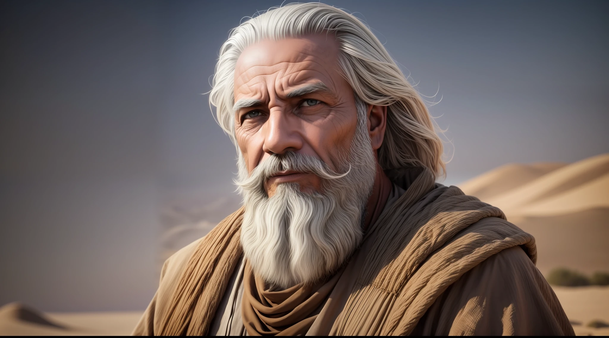 elderly man, beard and white hair, aged face, burned by the desert sun, wears only a tunic, (Biblical garments), Extreme realism, Highly epic style, Very old sage, scarred, Rigid resources, raised in the desert, suntanned, high resolution, masterpiece, only battered tunic, epics , wise look, look at the horizon, profile image, perfects eyes, extremely real, , dark desert, rude character, dark epic, desert background in Sinai style, Motor Unreal 5, Unreal Engine 5 4K UHD image, 8K portrait render, hyperrealisti, 60 year old man , Blurry movie  theatertic background,photorrealistic, studio dark, Rim lighting, dual-tone lighting,8K UHD, dslr, soft-lighting, high qualiy, volumeric lighting, heartfelt, fot, high resolution,There's a man with a white beard, Biblical garments, plein-air, Realistic movie  theatertic portrait, movie  theatertic bust portrait, ultra realistic concept art, Wojtek FUS, hyper detailed digital art, inspired by senior character artist, arte do personagem do motor irreal, stunning character art, 4k concept art and hyper realism, highly realistic digital art, Old sage in the desert, Prophet dark PHOTO: epic realistic, ((Biblical garments)) Soft movie  theatertic portrait, Adobe Lightroom, photographic lab, highy detailed, sunfaded, (Neutral Colors: 1,2), (HDR: 1,4) , (subdued colors:1.2), hyperdetailed, (art-station:1.4), movie  theatermatográfico, warm lights, dramatic light, (details Intricate:1.1), complex background, (Rutkowski:0.66), (blue and orange:0.4) older man, white bearded, severe features, (pretty detailed eyes) Wise old man, exquisite work, ​masterpiece, 8K, ultradetailed, movie  theater, soft-lighting, high qualiy, volumeric lighting, heartfelt, fot, high qualiy, does not use paste, NO ACCESSORIES, no characters in the background, desert background, profile image em plano americano,