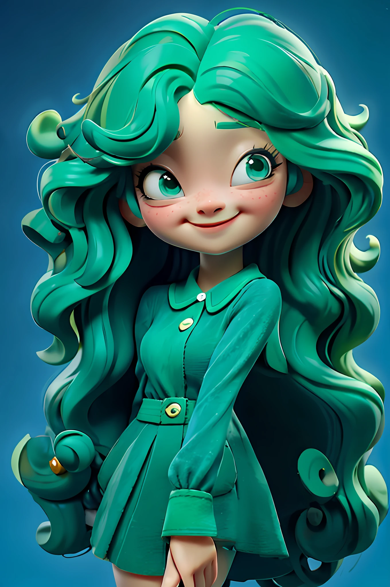 A cute girl with curly hair, wear berets, solid round eyes, long eyelashes, green hair, smile, open mouth, light blush, blue sky, blind box toy style, pixar, masterpiece, high quality, high detail, 8K