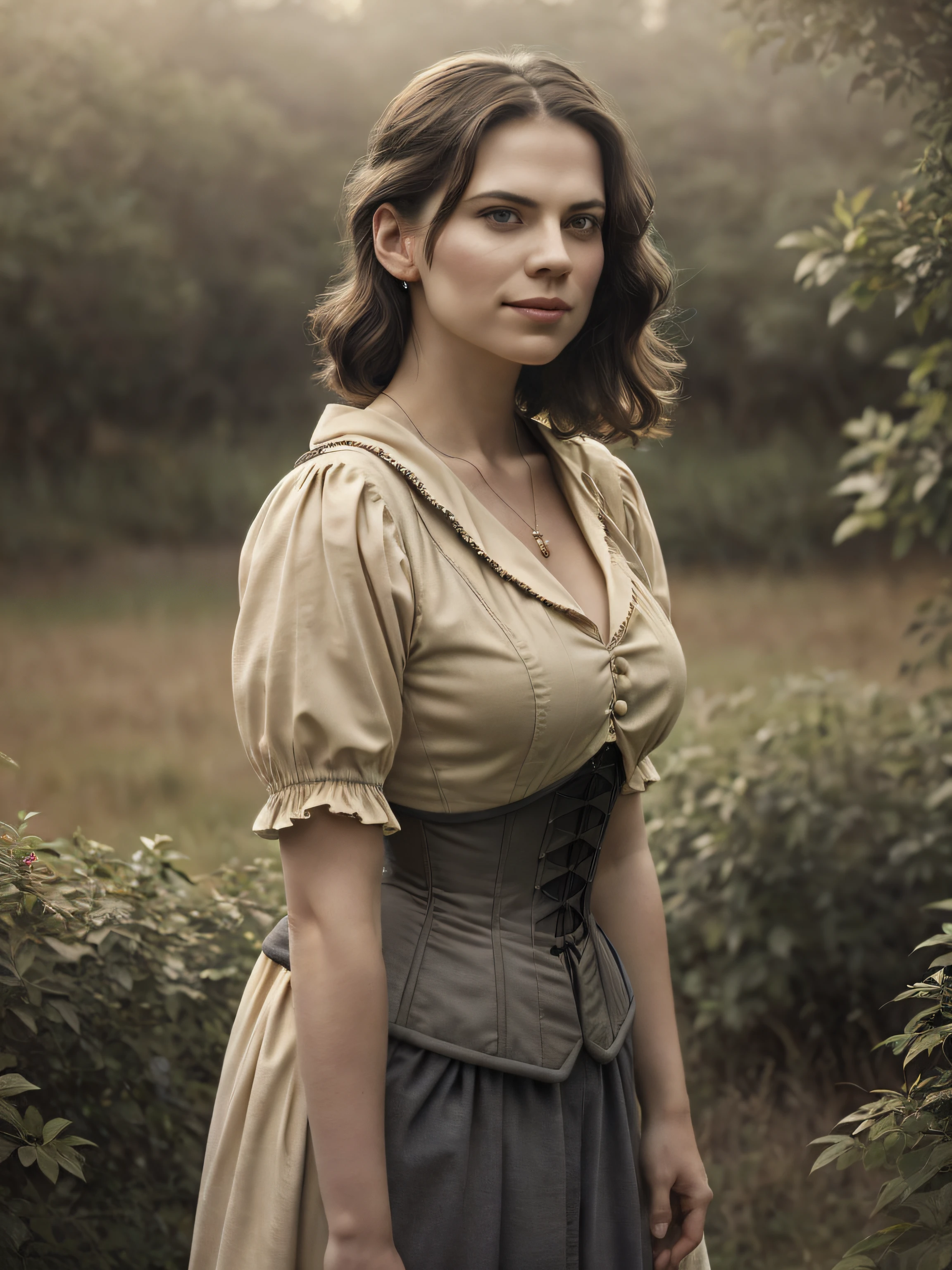 (Thirty year old) woman, standing, wearing a (beige flowing Victorian peasant dress with dark grey under bust corset:1.2), long legs, dreamy photo, looking straight at camera, slight smile, full lips, beautiforchard scene, Apple trees, Victorian gothic, misty, andre kohn, Canon, (Detailed features::1.2), real life. Hayley Atwell, intricate, 8k, highly detailed, (extremely detailed CG unity 8k wallpaper), ((square jaw)), (well defined jaw), (downturned lips), (detailed anatomy), Hyperrealistic full shot body image, trending on CGSociety, Intricate, High Detail, Sharp focus, dramatic, volumetric lighting, digital painting, intense, modelshoot style, (extremely detailed CG unity 8k wallpaper), full shot body photo of the most beautiful artwork in the world, pearl skin, professional majestic oil painting by Ed Blinkey, Atey Ghailan, Studio Ghibli, by Jeremy Mann, Greg Manchess, Antonio Moro, trending on ArtStation, photorealistic painting art by midjourney and greg Rutkowski