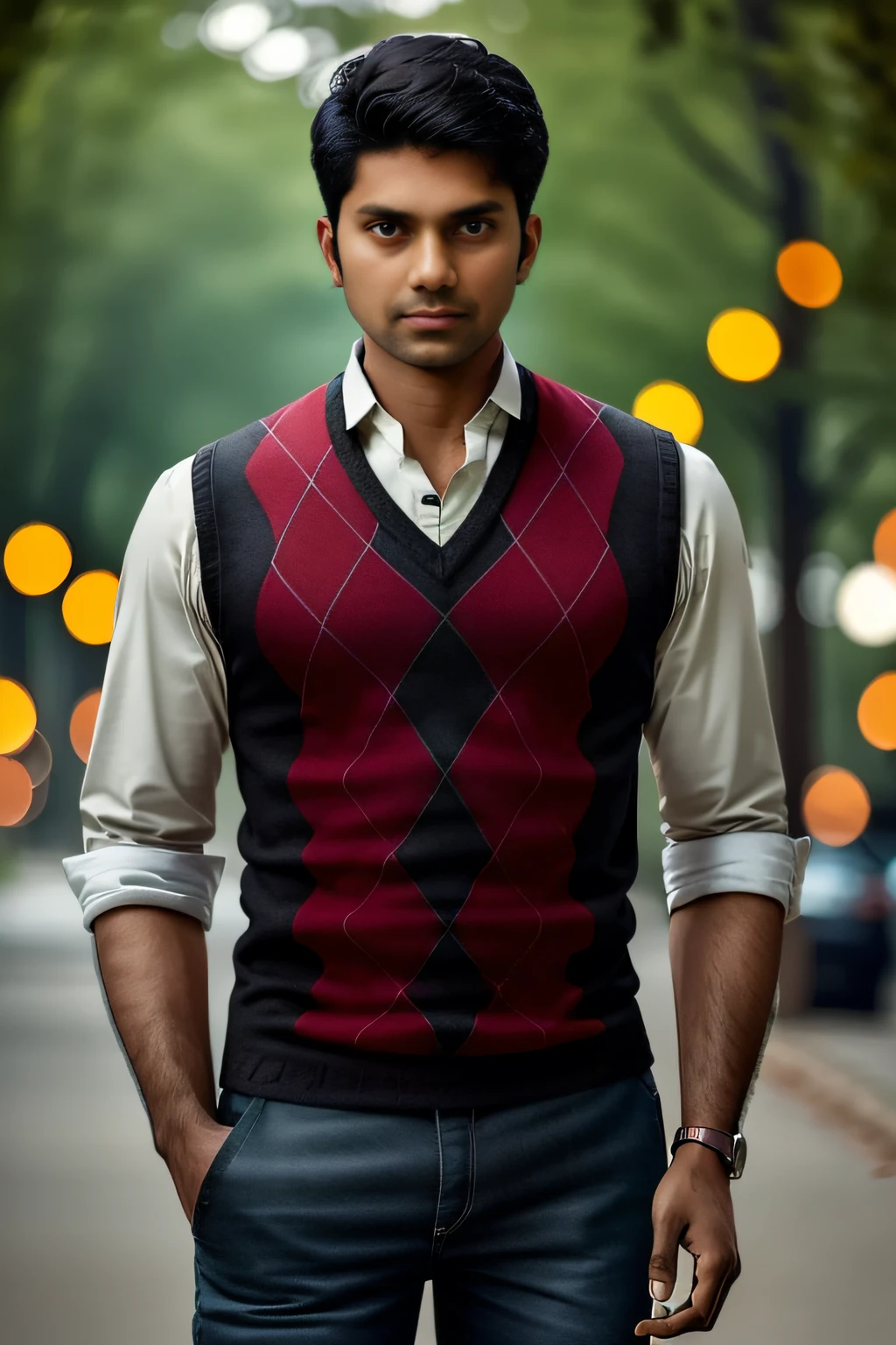 foto de un hombre indio, vistiendo un chaleco rojo de rombos, camisa con cuello verde, y jeans negros,  bokeh, fondo al aire libre, obra maestra, alta calidad, Fotorrealista, Moda