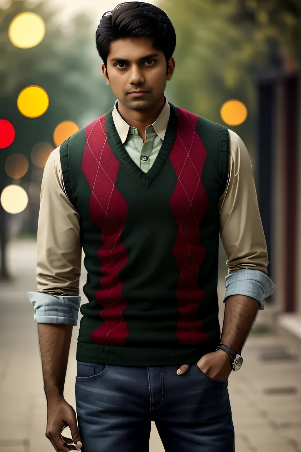 foto de un hombre indio, vistiendo un chaleco rojo de rombos, camisa con cuello verde, y jeans negros,  bokeh, fondo al aire libre, obra maestra, alta calidad, Fotorrealista, Moda