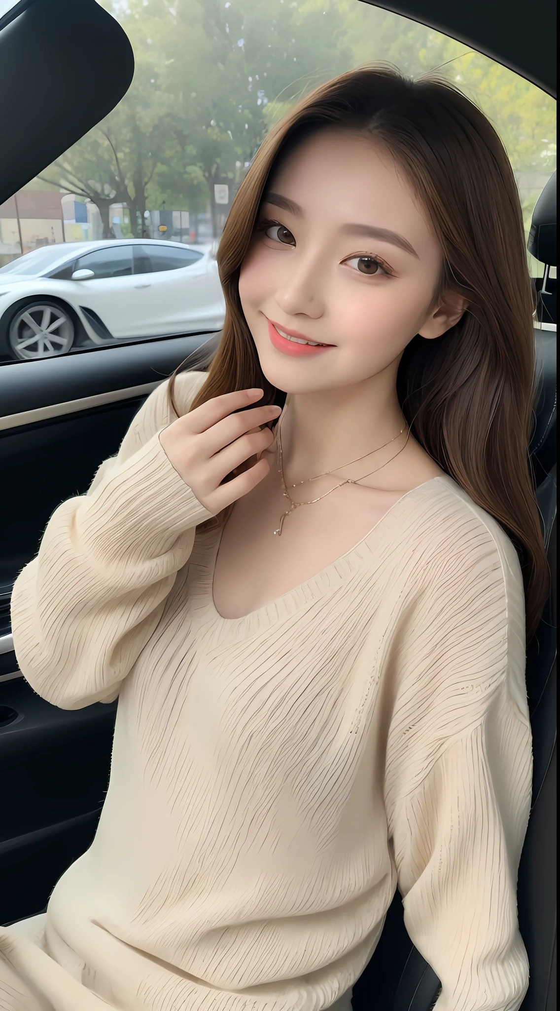 ((Best Quality, 8k, Masterpiece: 1.3)), Focus: 1.2, Perfect Body Beauty: 1.4, Buttocks: 1.2, ((Delicate Hair)), (Sweater Dress: 1.1), (Sports car, street: 1.2), Highly detailed face and skin texture, Fine eyes, Double eyelids, Whitened skin, Smile, Wearing necklace, ring, person sitting inside a car.