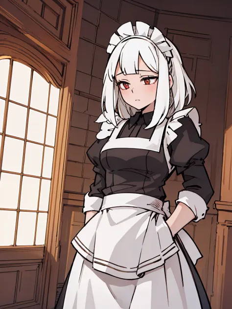 a girl frontal,((three-quarters),(long curly white hair),(the maid outfit)),young, white background