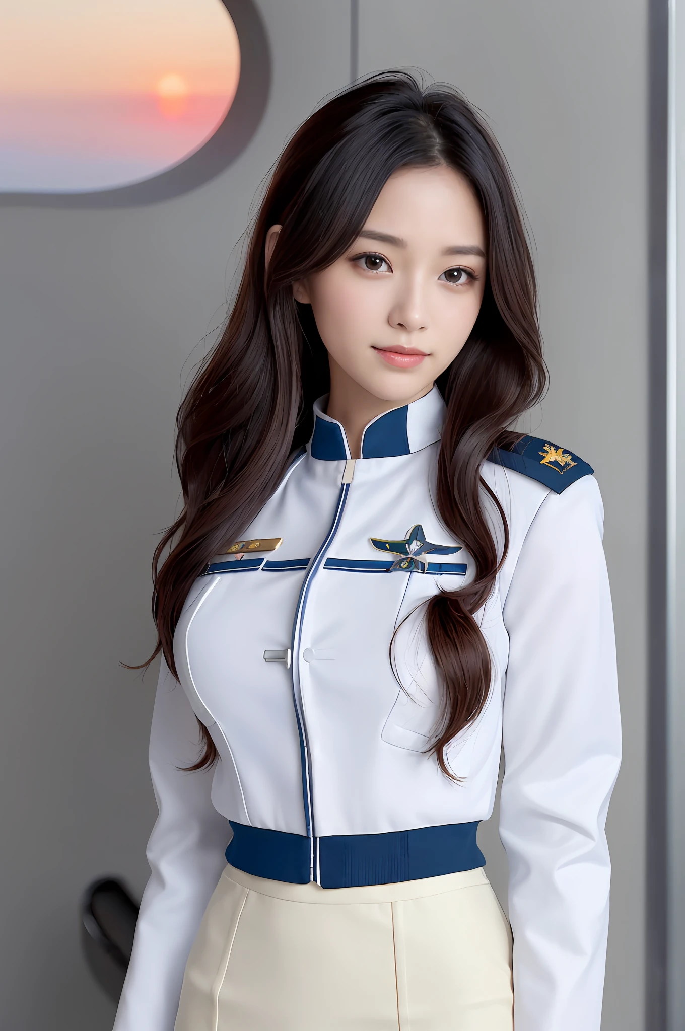 (Best quality, 8k, 32k, Masterpiece, UHD:1.2), (realistic:1.5), (masterpiece, Extremely detailed CG unity 8k wallpaper, best quality, highres:1.2), (ultra detailed, UHD:1.2), Photo of extremely cute and beautiful Japanese woman, (chestnut long wavy hair:1.2), adult, (detailed beautiful girl:1.4), best quality, woman, adult, (detailed US air-force pilot uniform:1.5), (white pilot captain jacket:1.3), (white high-waist pencil skirt:1.3), detailed clothes, (Beautiful sunset US air force base runway view background:1.3), embarrassed laughing:1, light smile, looking at viewer, facing the viewer, ((perfect female body)), (narrow waist:1.2), (upper body image:1.3), slender, abs, (large breasted:1.25), ((frame the head)), wind, dynamic pose, cinematic light, back light, perfect anatomy, perfect proportion, detailed human body, bokeh, depth of field,