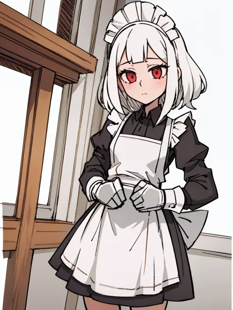 A girl frontal,((Three-quarters),(Long curly white hair),(the maid outfit)),Young, White background