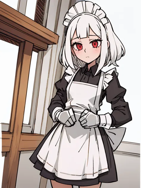 a girl frontal,((three-quarters),(long curly white hair),(the maid outfit)),young, white background