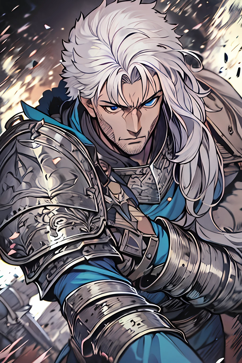 (masterpiece), best quality, expressive eyes, perfect face, human man, white hair, blue eyes, thin beard, medium muscle, armor, knight, musketeer, warrior, berserker, paladin, (berserk style)