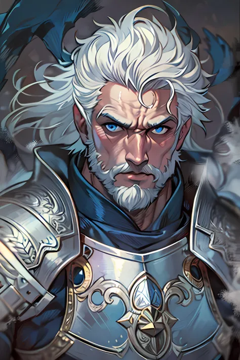 (masterpiece), best quality, expressive eyes, perfect face, human man, white hair, blue eyes, thin beard, medium muscle, armor, ...