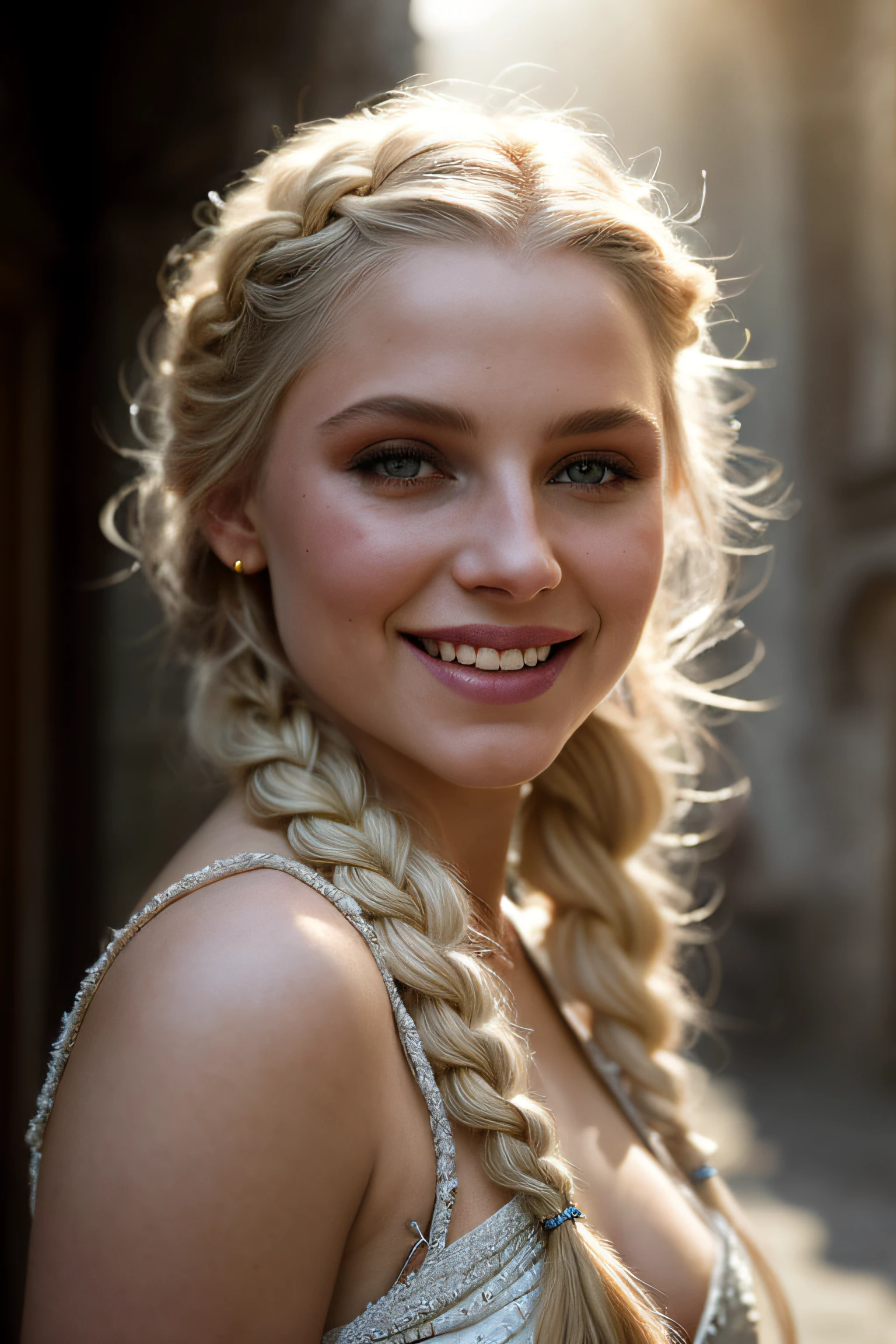 close up portrait of a gorgeous 1 fantasy prostitute, pale blonde hair, big single long braid, fantasy prostitute nice fabric clothes, intellingent look, laughing heartly, in a big medieval city, (backlighting), realistic, masterpiece, highest quality, lens flare, shade, bloom, [[chromatic aberration]], by Jeremy Lipking, by Antonio J. Manzanedo, digital painting