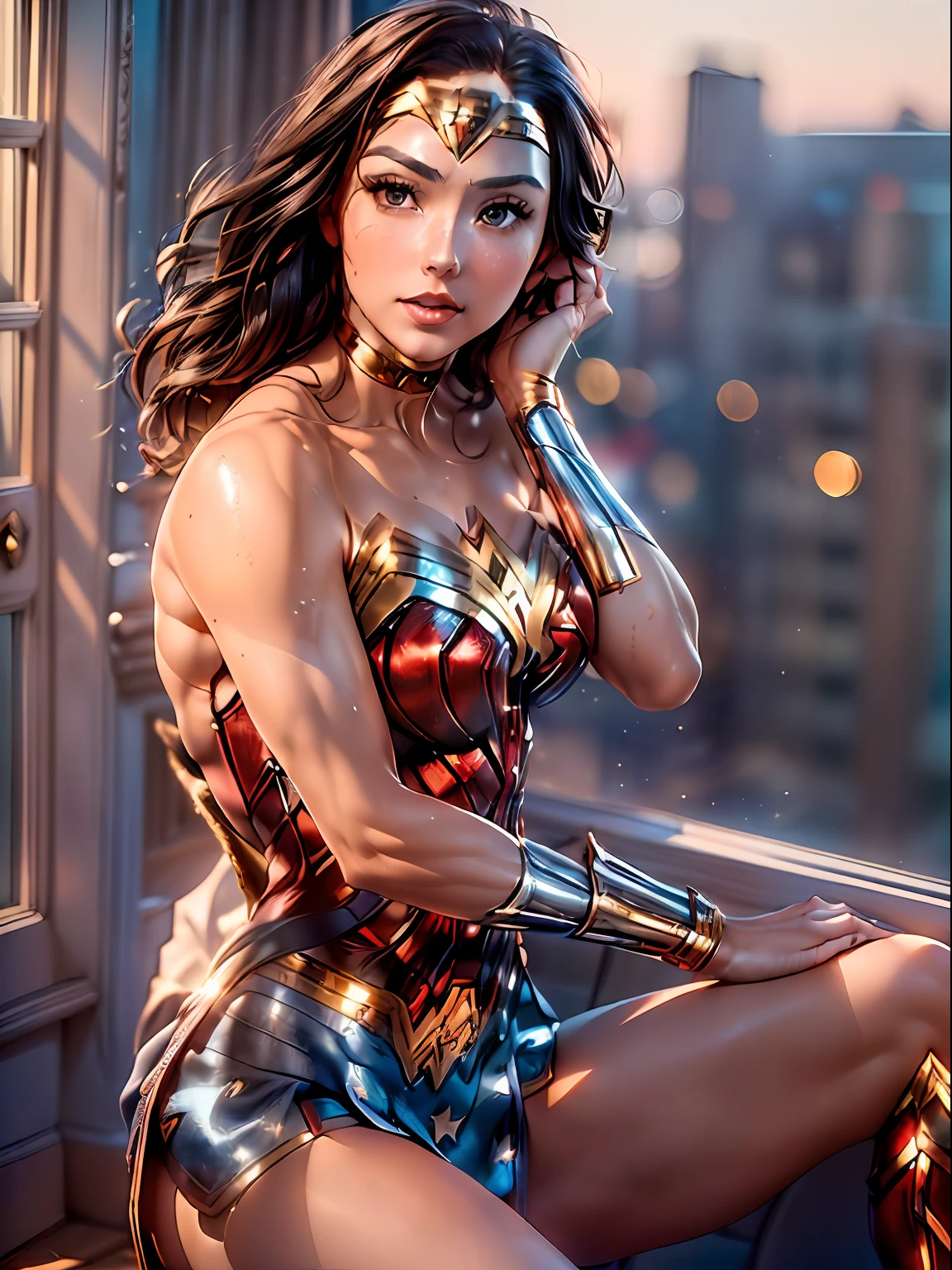 (Masterpiece, high resolucion, Realistis:1.4), (It depicts a stunning Wonder Woman leaning against a window on the top floor of the building:1.3), (Her face was basking in the warm sunshine, With the wind, She gently shook her flowing dark hair:1.2), (Her eyes are an alluring blue, It sparkles intensely:1.4), (Her flawless skin-radiating beauty:1.3), (Her body exudes charm and perfection, wearing a wonder woman costume:1.2), tiara, red and gold bustier, blue leotard with white stars, silver bracelets, (Red knee high boots:1.2), golden belt, (Wonder Woman clothing:1.0), bare shoulder, ((light tan skin: 1.4)), mature, Sexy, elastic muscles, (Muscular: 1.2), ((strong and healthy body)), (((the more) Muscular))), cleavage, Long leg, curved, rib, thin-waist, soft waist, (fine detailed skin), (beautiful and sexy woman), (swollen lips: 0.9), (eyeslashes: 1.2), very delicate muscles, (Canon EOS R5 Mirrorless Camera:1.3), (Pairing with Canon RF 85mm f/1.2L USM lens:1.3), (Capture every detail of her captivating presence:1.2), (Hotel room settings with panoramic cityscapes:1.3), (Floor-to-ceiling windows let in plenty of natural light.:1.2), (silky, The modern interior design adds to the charm:1.1), (Enchanting photo of a model with the most symmetrical and beautiful face in the world:1.4)