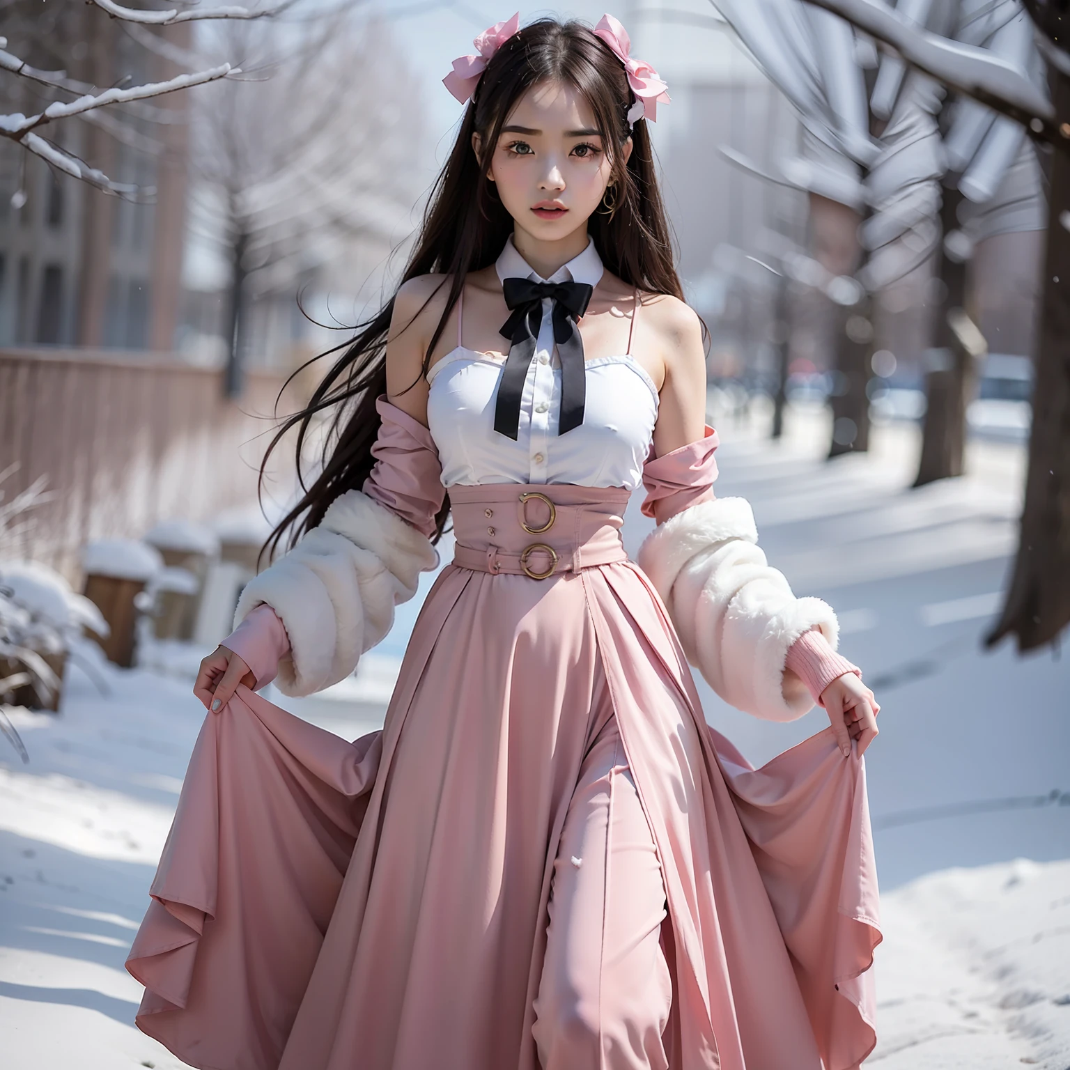 pink long skirt，Drag to the ground。Tight skirts，The waistline is perfectly displayed，Feminine and noble，Do not profane，The belt around the waist is tied with a bow，
Yuyan Qingya，Star eyes and scarlet lips。
Noble temperament，The eyes are cold,
The delicate face of the originally cold and proud snow，Sudden changes，Eyes twinkle