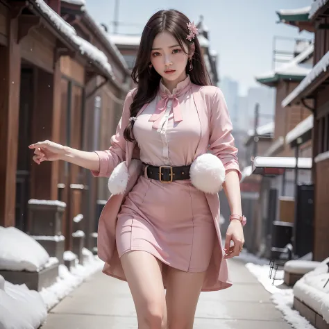 A long pink dress，Dragging to the ground。Tight skirts，The waist line is perfectly displayed，Feminine and noble，Do not desecrate，...