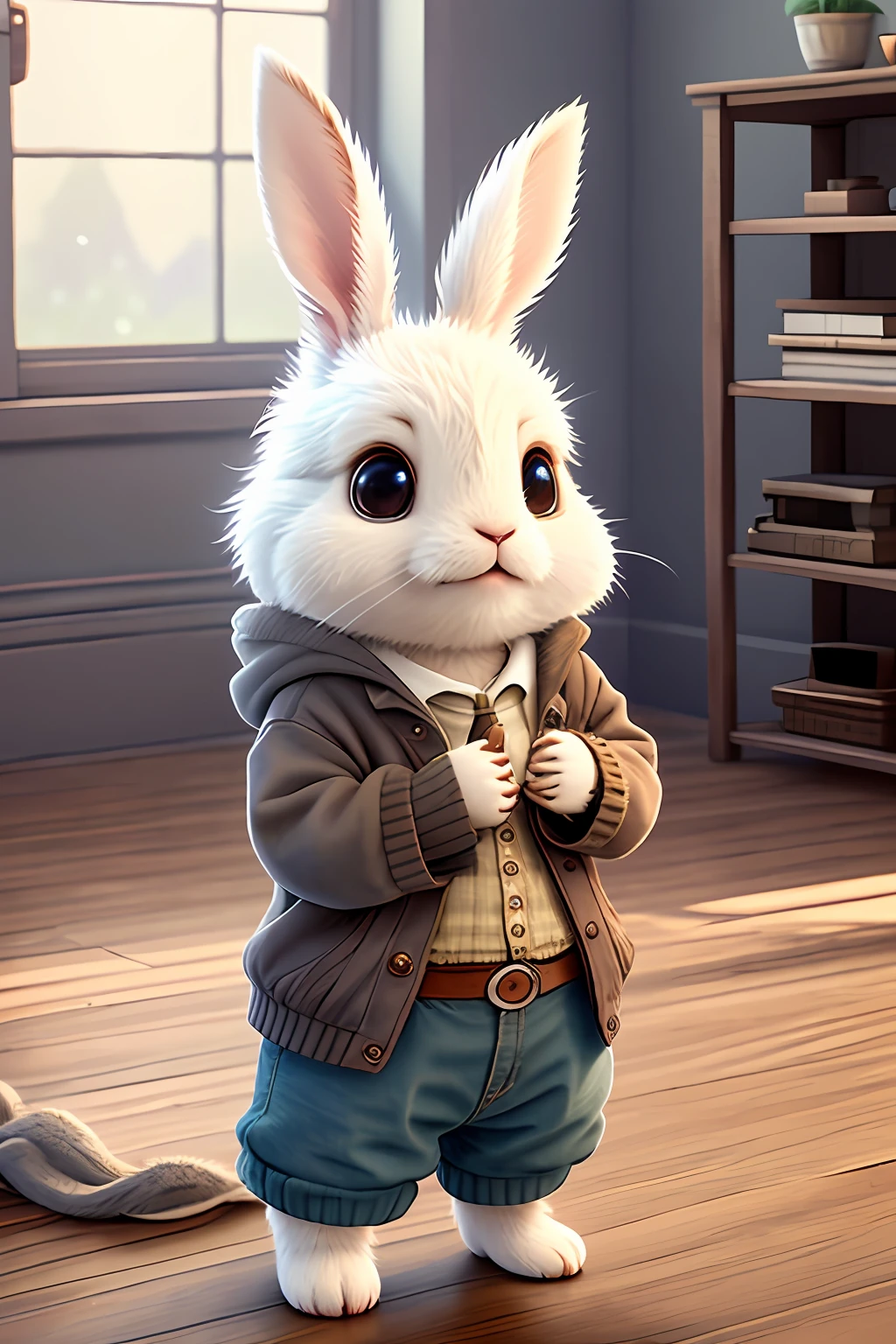 Cute adorable little bunny waving and smiling greeting me, unreal engine, cozy interior lighting, art station, detailed digital painting, cinematic, character design by mark ryden and pixar and hayao miyazaki, unreal 5, daz, hyper realistic, octane render, 3DMDT1