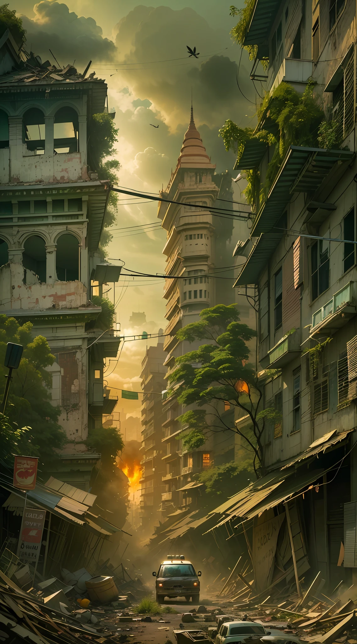 The large many building with a lot of fire in the air, destroying a ((myanmar:1.2)), ((yangon:1.2)) cityscape, apocalyptic art, destroyed (("yangon")) city on fire, destroyed ((myanmar "yangon")) city, digital concept art of dystopian, apocalyptic ((myanmar)) city, destroying a ((myanmar"yangon")) city, apocalyptic 8 k, apocalyptic 8k, apocalyptic city ((pagoda)) backround, apocalyptic architecture design, dystopian digital art, destroying((yangon)) city, ((yangon)) city destruction, apocalypse art, ( apocalyptic ) 8 k, the damaged roads and show signs of neglect, with potholes and collapsed pavements making it difficult to live, the city of ((yangon,myanmar)) streets now are overrun by plants and weeds. Vines cover the walls of buildings, as nature seemingly reclaims the city that humans left behind. The destructive yet life-giving force of nature can be seen with plants taking over the streets and trees reaching over and consuming the buildings, apocalyptic city backround, post apocalyptic MYANMAR, post apocalyptic world, post - apocalyptic world, in postapocalypse ((BAGAN ))city, apocalyptik(( BAGAN ))city, post apocalyptic BAGAN city, postapocalyptic world, post - apocalyptic(( BAGAN ))city, post-apocalyptic earth, apocalyptic art, post - apocalyptic ((BAGAN)) CITY, post apocalyptic ((BAGAN)) CITY,